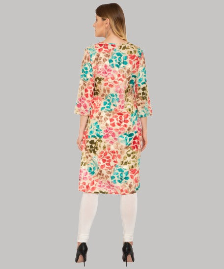 Saundarya Women's Calf Length Foil Print Cambric Cotton Kurta with Round Neck and Button Detailing Multicolor