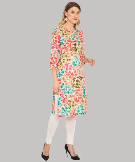 Saundarya Women's Calf Length Foil Print Cambric Cotton Kurta with Round Neck and Button Detailing Multicolor