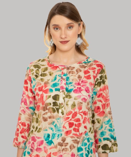 Saundarya Women's Calf Length Foil Print Cambric Cotton Kurta with Round Neck and Button Detailing Multicolor