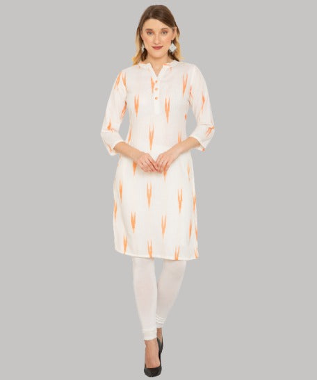 Saundarya Women's Calf Length Ikkat Print Cotton Kurta with Flat Mandarin Collar