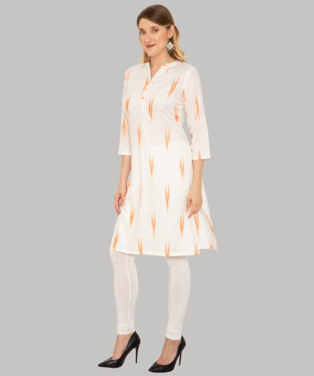 Saundarya Women's Calf Length Ikkat Print Cotton Kurta with Flat Mandarin Collar