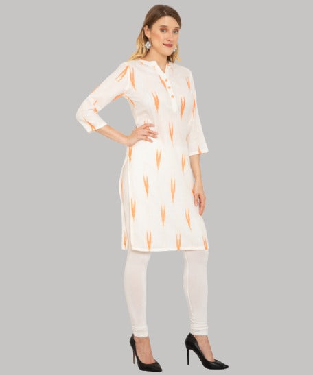 Saundarya Women's Calf Length Ikkat Print Cotton Kurta with Flat Mandarin Collar
