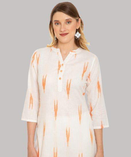 Saundarya Women's Calf Length Ikkat Print Cotton Kurta with Flat Mandarin Collar