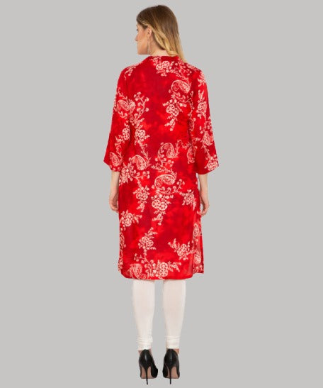 Saundarya Women's Printed Rayon Calf Length Kurta with Stand Mandarin Collar