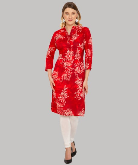 Saundarya Women's Printed Rayon Calf Length Kurta with Stand Mandarin Collar
