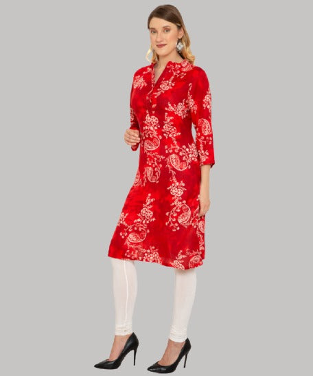 Saundarya Women's Printed Rayon Calf Length Kurta with Stand Mandarin Collar