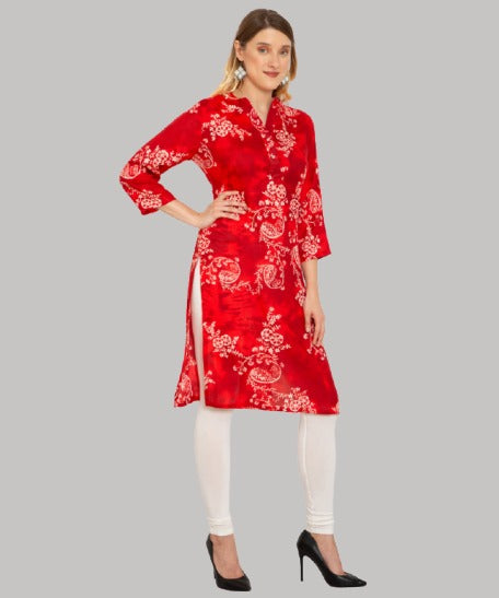 Saundarya Women's Printed Rayon Calf Length Kurta with Stand Mandarin Collar
