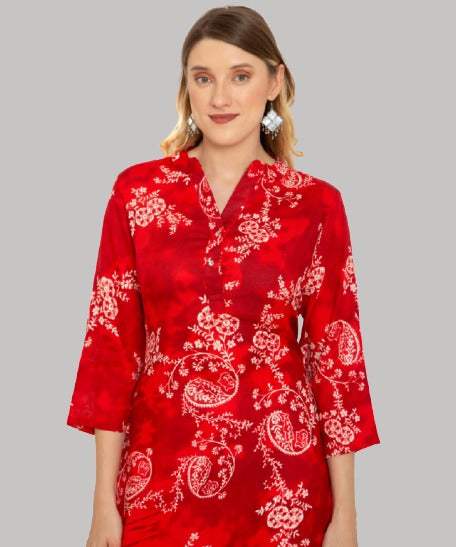 Saundarya Women's Printed Rayon Calf Length Kurta with Stand Mandarin Collar