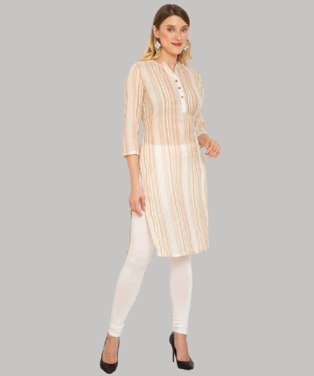 Saundarya Women's Calf-Length Striped Cotton Kurta Brown