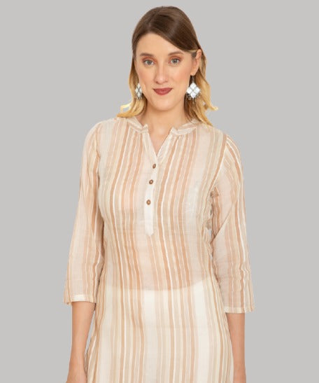 Saundarya Women's Calf-Length Striped Cotton Kurta Brown
