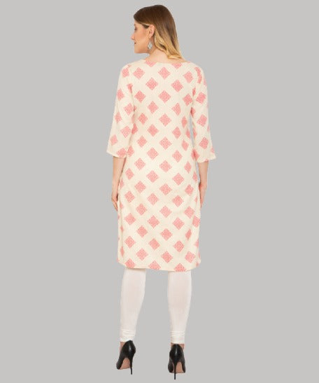 Saundarya Women's Calf Length Printed Cotton Flex Kurta with V-Neck Pink
