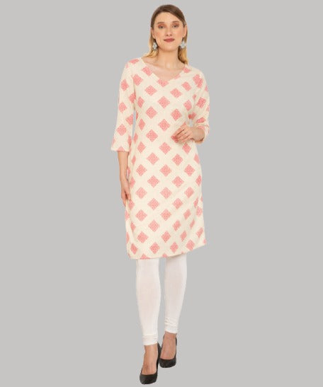Saundarya Women's Calf Length Printed Cotton Flex Kurta with V-Neck Pink