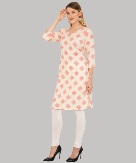 Saundarya Women's Calf Length Printed Cotton Flex Kurta with V-Neck Pink