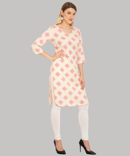 Saundarya Women's Calf Length Printed Cotton Flex Kurta with V-Neck Pink