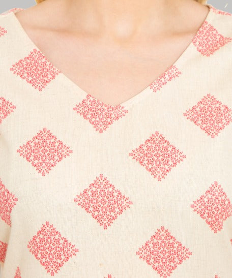 Saundarya Women's Calf Length Printed Cotton Flex Kurta with V-Neck Pink