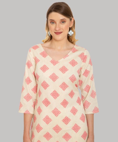 Saundarya Women's Calf Length Printed Cotton Flex Kurta with V-Neck Pink