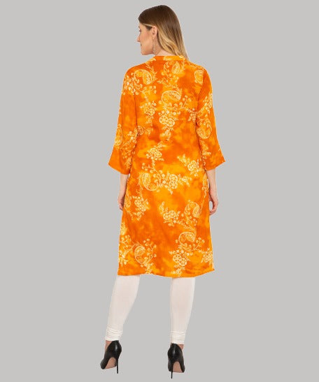 Saundarya Women's Printed Rayon Calf Length Kurta with Stand Mandarin Collar