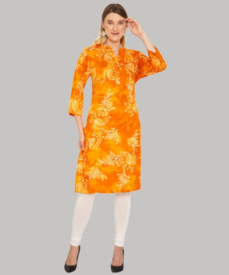 Saundarya Women's Printed Rayon Calf Length Kurta with Stand Mandarin Collar