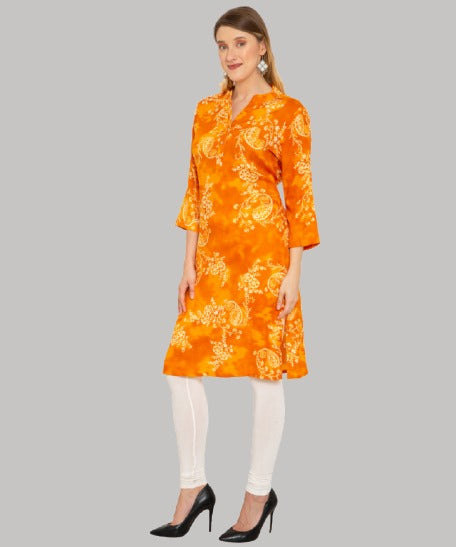 Saundarya Women's Printed Rayon Calf Length Kurta with Stand Mandarin Collar