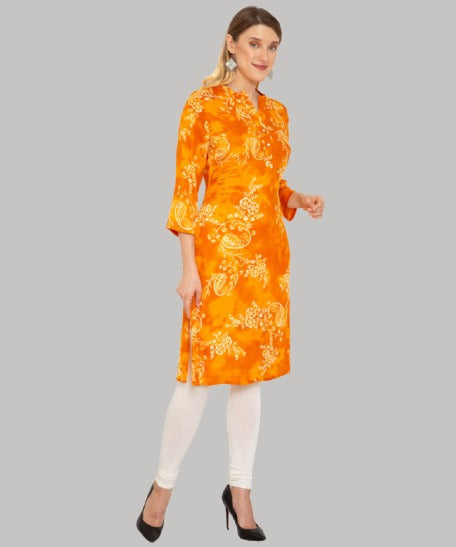 Saundarya Women's Printed Rayon Calf Length Kurta with Stand Mandarin Collar