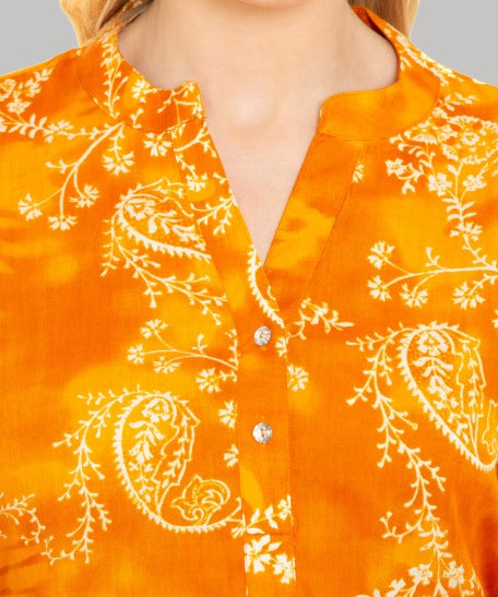 Saundarya Women's Printed Rayon Calf Length Kurta with Stand Mandarin Collar