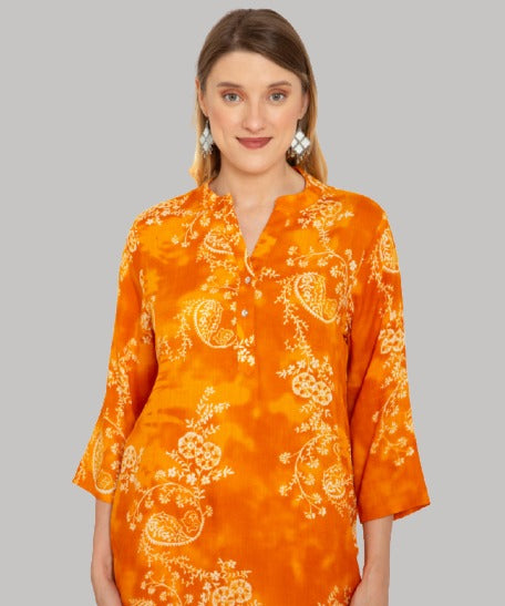 Saundarya Women's Printed Rayon Calf Length Kurta with Stand Mandarin Collar