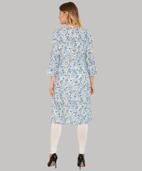 Saundarya Women's Calf Length Printed Crepe Blend Kurta with Round Neck and Button Detailing Blue
