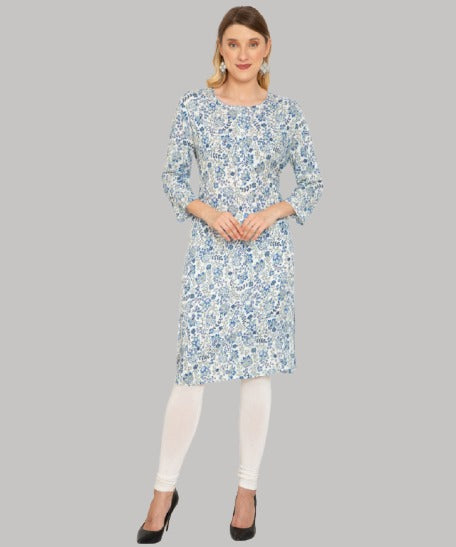 Saundarya Women's Calf Length Printed Crepe Blend Kurta with Round Neck and Button Detailing Blue