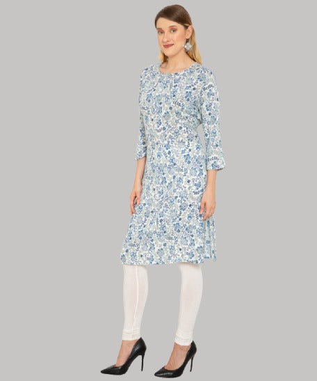 Saundarya Women's Calf Length Printed Crepe Blend Kurta with Round Neck and Button Detailing Blue