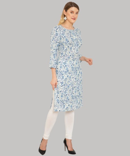 Saundarya Women's Calf Length Printed Crepe Blend Kurta with Round Neck and Button Detailing Blue