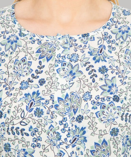 Saundarya Women's Calf Length Printed Crepe Blend Kurta with Round Neck and Button Detailing Blue
