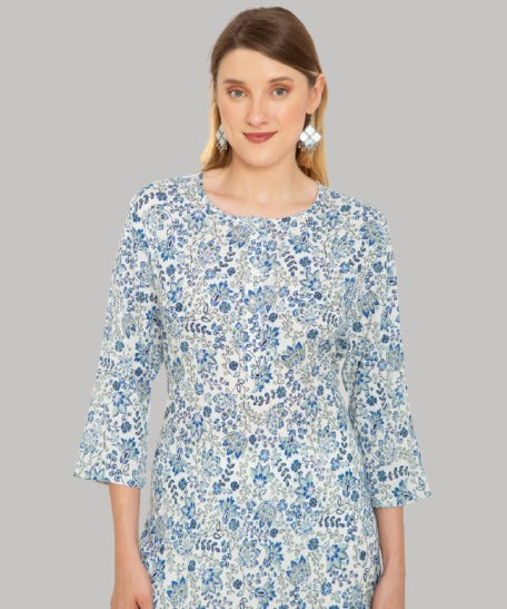 Saundarya Women's Calf Length Printed Crepe Blend Kurta with Round Neck and Button Detailing Blue