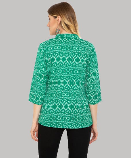 Saundarya Women's Mid Thigh Length Ikkat Print Kurti Top Green