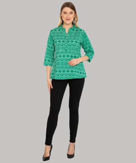 Saundarya Women's Mid Thigh Length Ikkat Print Kurti Top Green