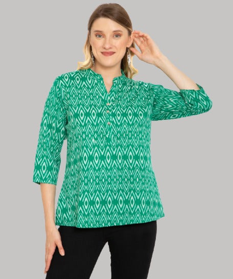 Saundarya Women's Mid Thigh Length Ikkat Print Kurti Top Green