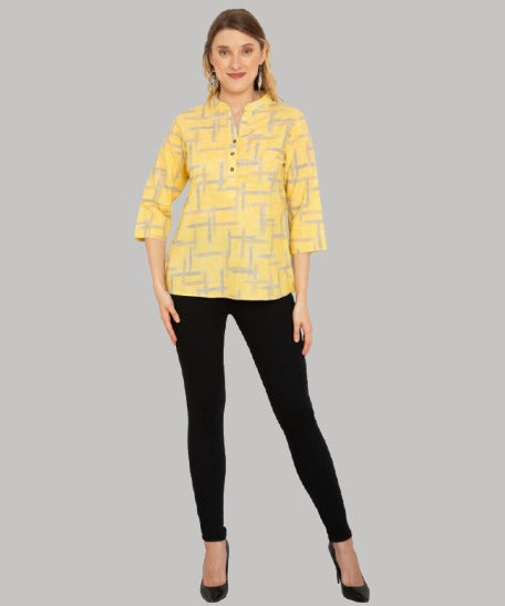 Saundarya Women's Mid Thigh Length Printed Kurti Top Yellow