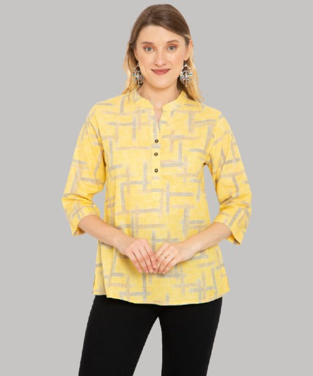 Saundarya Women's Mid Thigh Length Printed Kurti Top Yellow