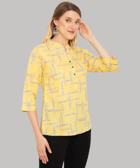 Saundarya Women's Mid Thigh Length Printed Kurti Top Yellow