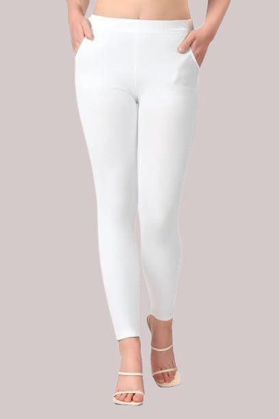 Saundarya Women’s Slim Fit Pocket  Super Combed Cotton Rich Lycra Fabric Tailored Cut Stretchable Solid Plain Color Leggings; White