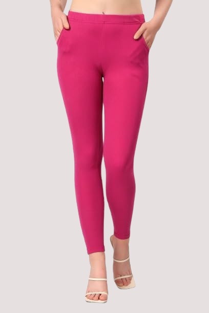Saundarya Women’s Slim Fit Pocket  Super Combed Cotton Rich Lycra Fabric Tailored Cut Stretchable Solid Plain Color Leggings; Dark Pink