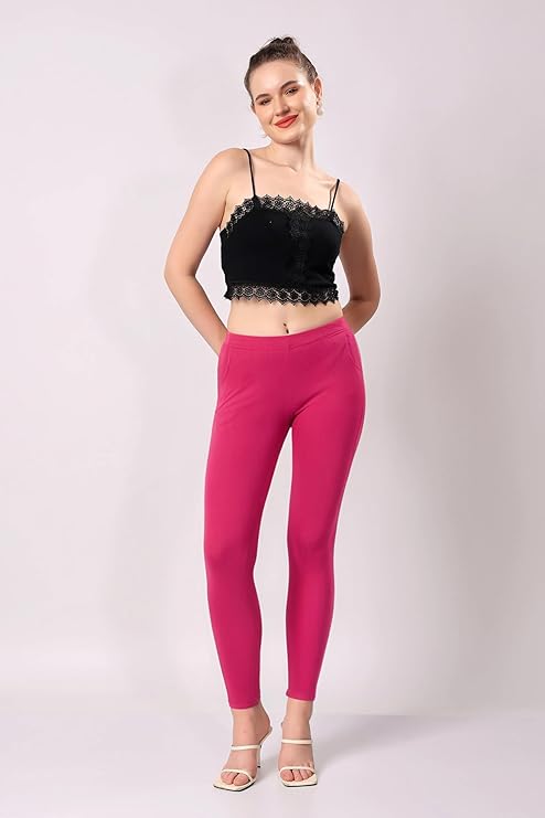 Saundarya Women’s Slim Fit Pocket  Super Combed Cotton Rich Lycra Fabric Tailored Cut Stretchable Solid Plain Color Leggings; Dark Pink