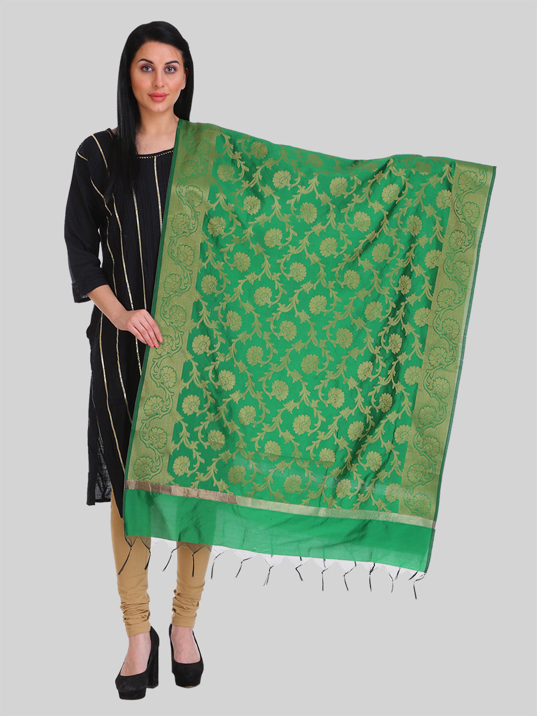 Saundarya Women's Dark Green Banarasi Silk Golden Zari Work Dupatta