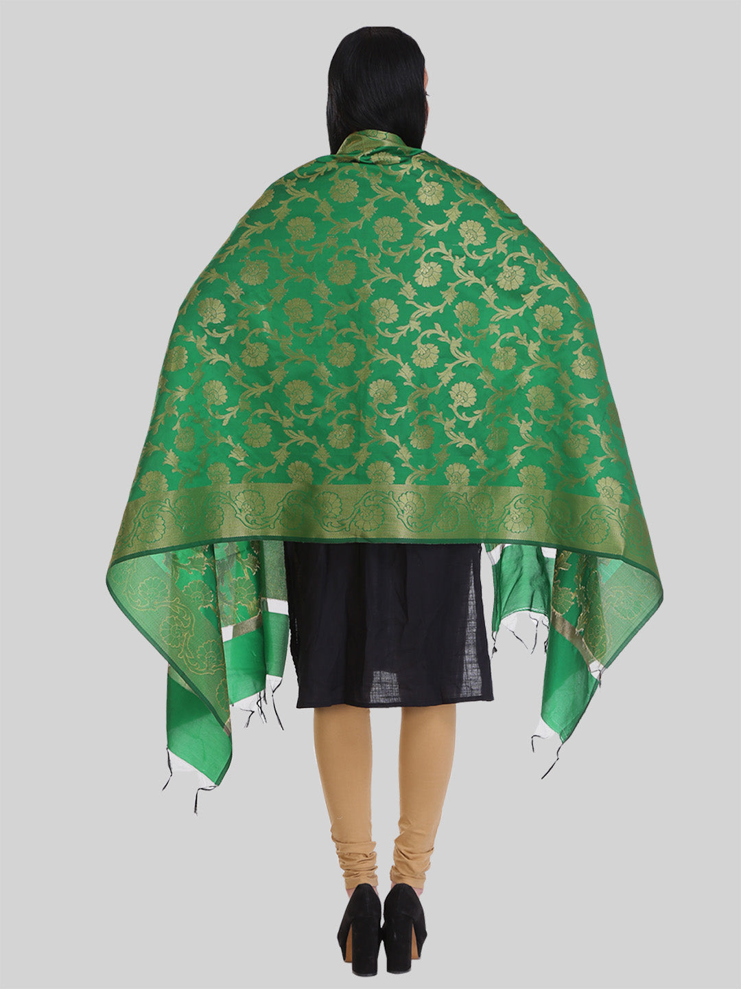 Saundarya Women's Dark Green Banarasi Silk Golden Zari Work Dupatta