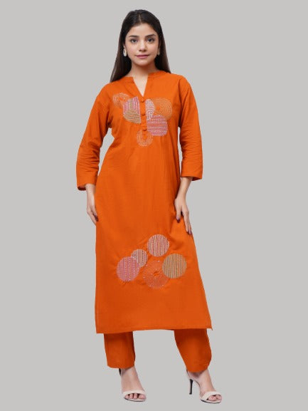 Saundarya Women's Mustard Muslin Cotton Thread Embroidery Work Mandarin Collar A-Line Kurta Set With Sequence Work Dupatta