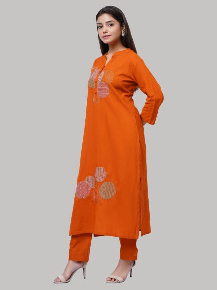 Saundarya Women's Mustard Muslin Cotton Thread Embroidery Work Mandarin Collar A-Line Kurta Set With Sequence Work Dupatta