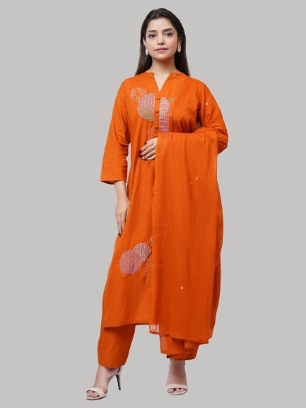 Saundarya Women's Mustard Muslin Cotton Thread Embroidery Work Mandarin Collar A-Line Kurta Set With Sequence Work Dupatta