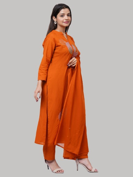 Saundarya Women's Mustard Muslin Cotton Thread Embroidery Work Mandarin Collar A-Line Kurta Set With Sequence Work Dupatta