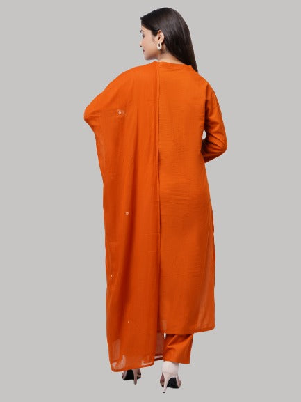 Saundarya Women's Mustard Muslin Cotton Thread Embroidery Work Mandarin Collar A-Line Kurta Set With Sequence Work Dupatta