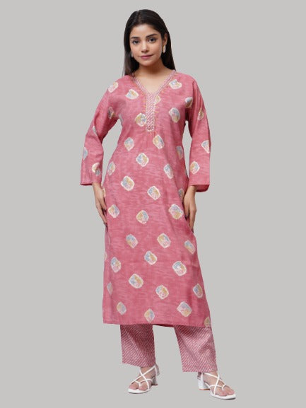 Saundarya Women's Dark Peach Cotton Blend Printed Thread Work V-Neck  A-Line Kurta Set With Printed Dupatta