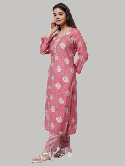 Saundarya Women's Dark Peach Cotton Blend Printed Thread Work V-Neck  A-Line Kurta Set With Printed Dupatta